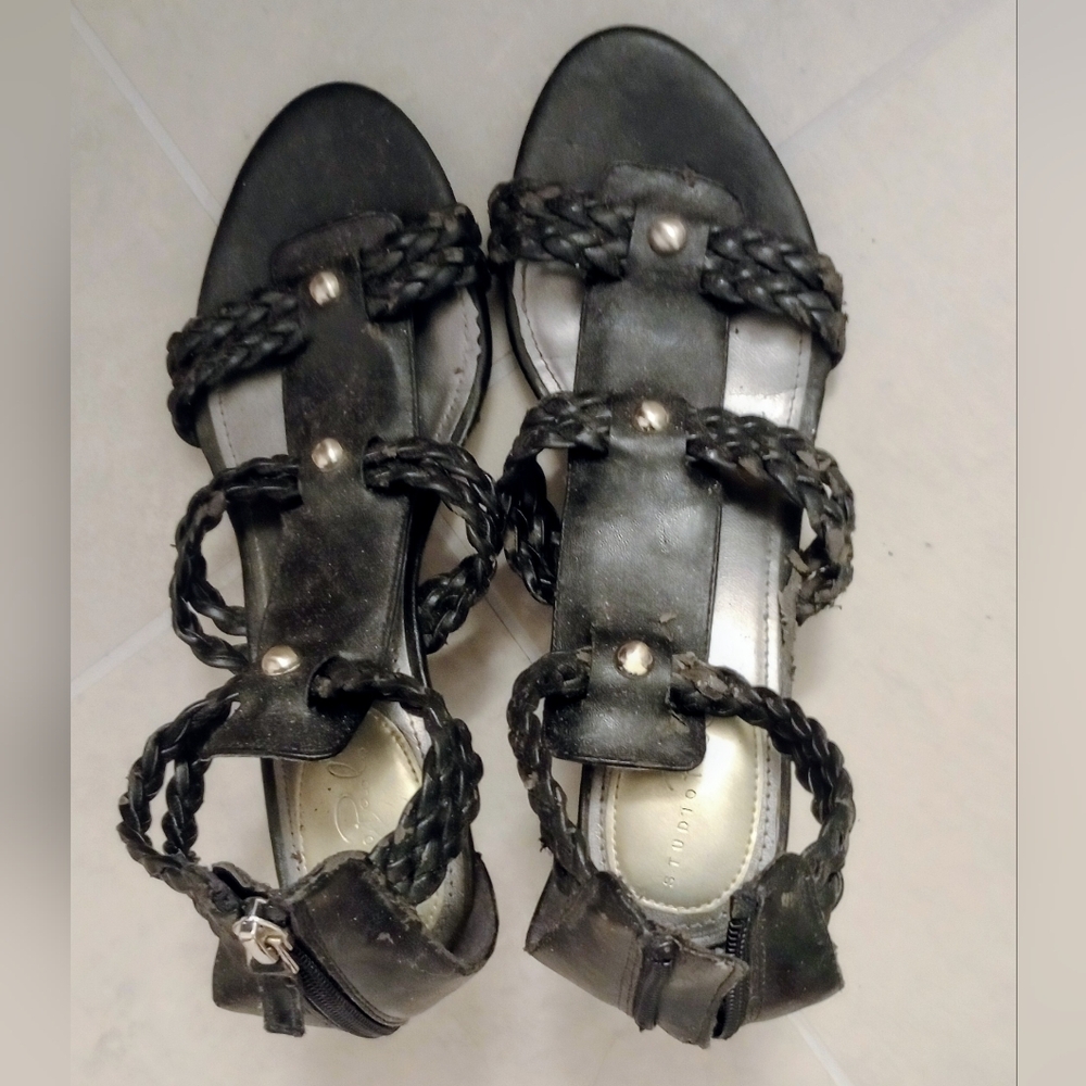 Like New Black Braided Leather Sandals, 3" Heel, Zipper Back, By Studio Paolo,6M